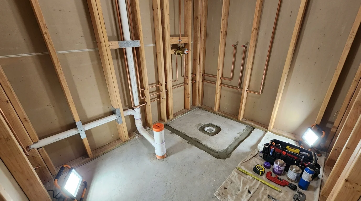 Bathroom rough-in plumbing during remodel by Johns Plumbing LLC in Apalachin