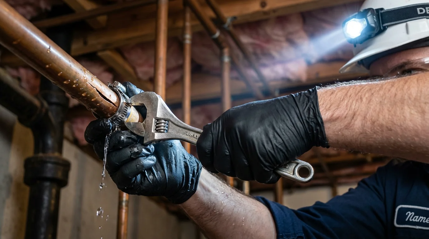 Emergency pipe clamp repair being performed by a Johns Plumbing LLC plumber in Apalachin
