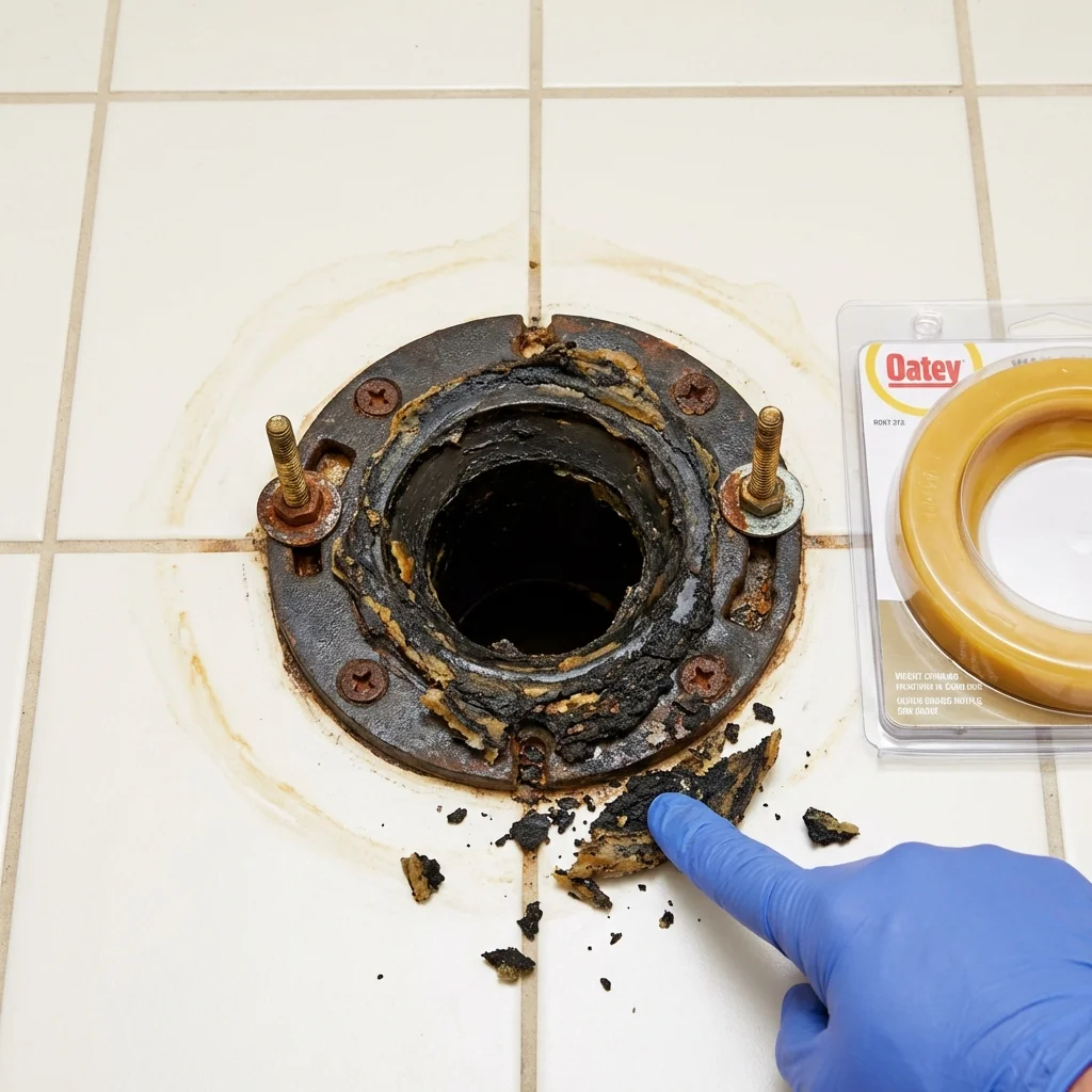 Failed wax ring showing water seepage at the base of a toilet in a Apalachin, NY home
