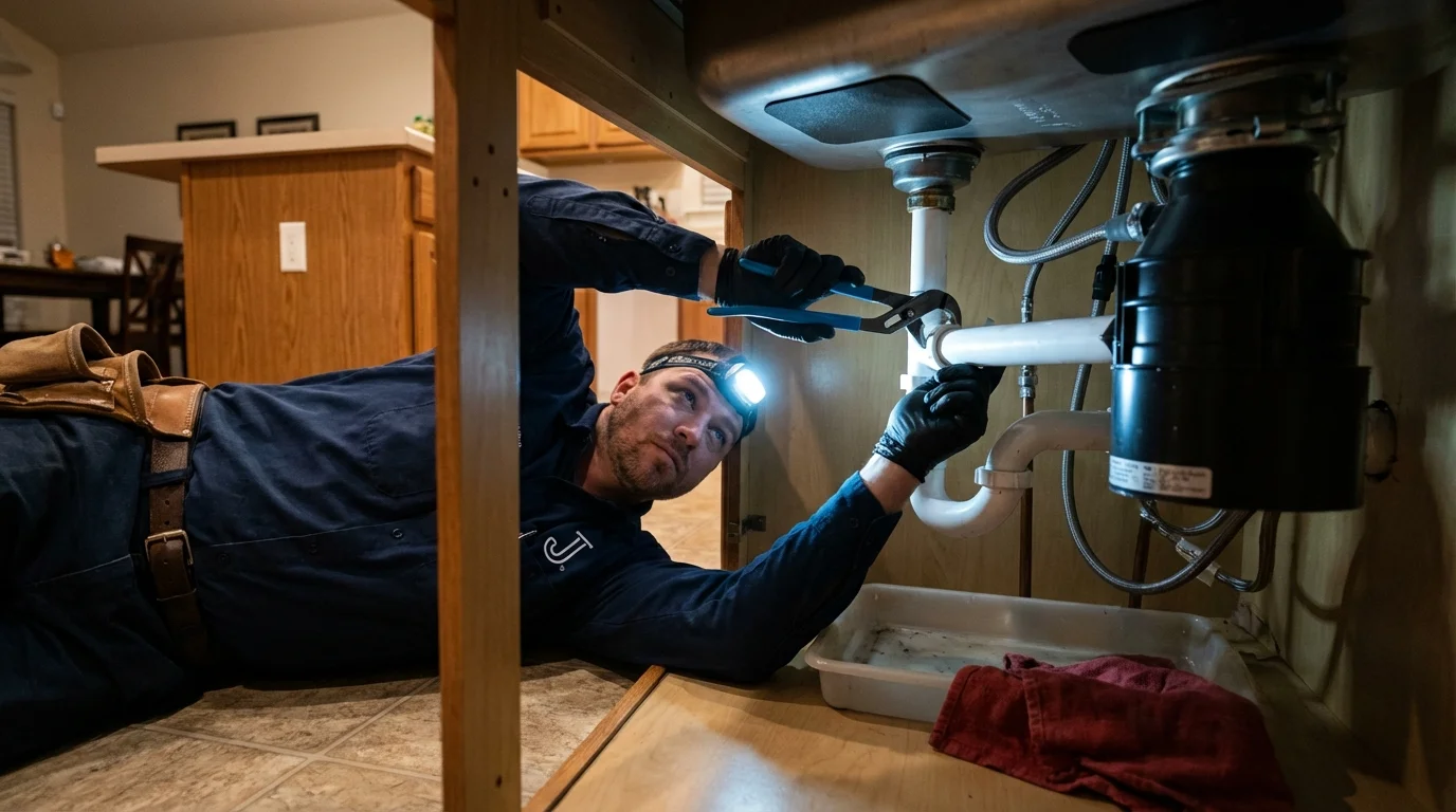 P-trap and supply line connections under a kitchen sink showing a common leak point in Apalachin, NY